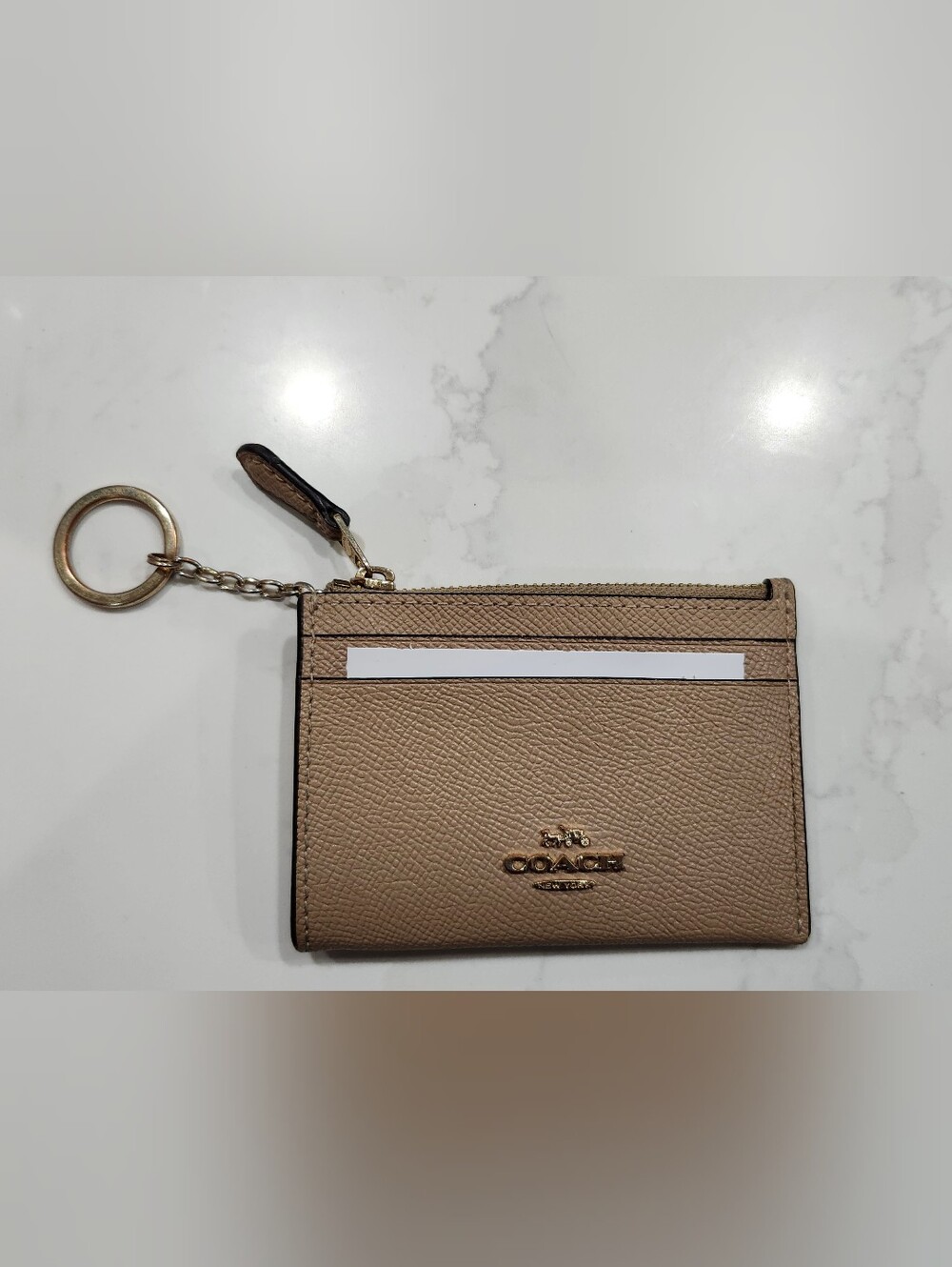 EUC Authentic COACH Taupe Leather w/ Gold Mini Skinny Zip ID Wallet w/ Keychain